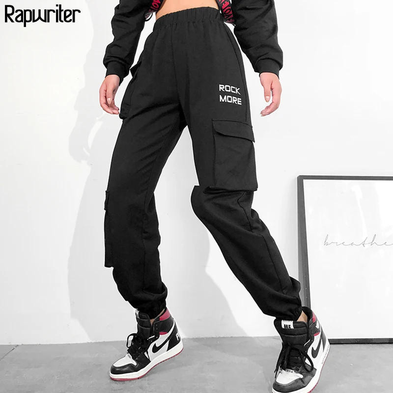 

Rapwriter Casual Stretch High Waist Side Big Pocket Sweatpants Women 2019 Autumn Loose Cargo Jogger Women Pencil Pants Bottom