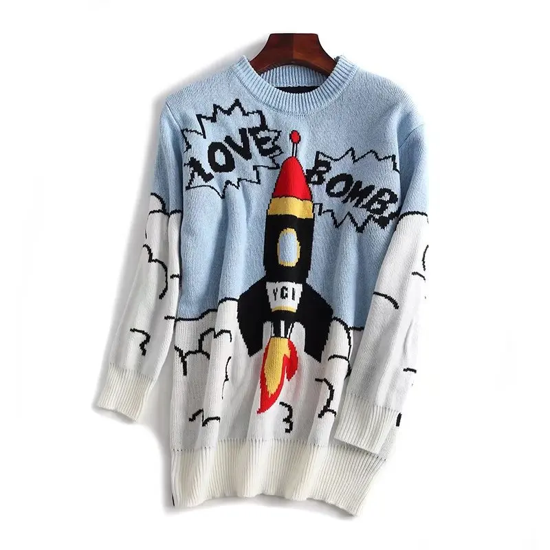 

F-1-6677 2017 Autumn & Winter New Style Casual Wind WOMEN'S Dress Rocket Printed Pullover Loose-Fit Sweater Sweater