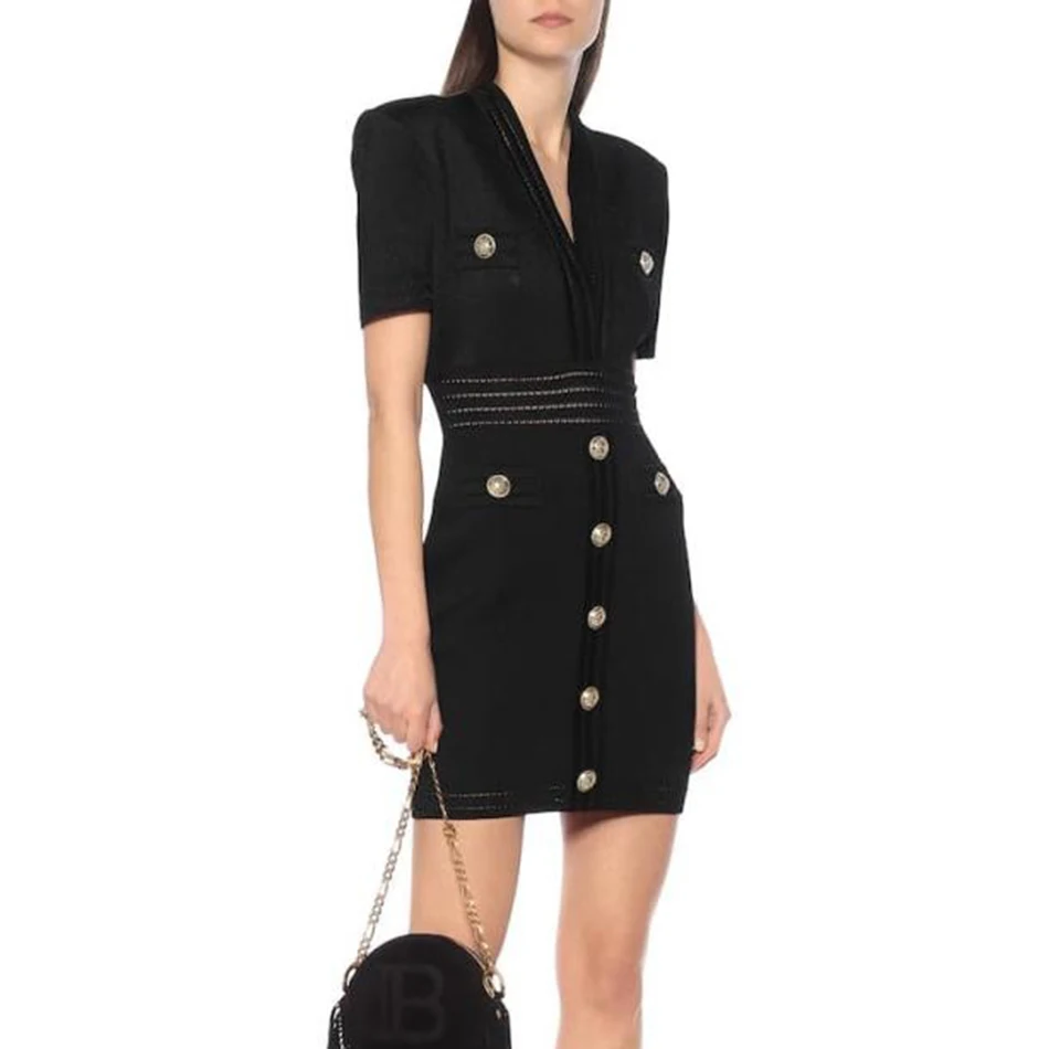 Modphy-2020-New-Women-s-Bandage-Mini-Dress-Sexy-Deep-V-Neck-Short-Sleeve-Button-Bodycon