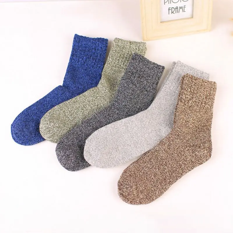 

5 Pairs Ethnic Men Faux Wool Chunky Knit Crew Socks Solid Color Winter Hosiery