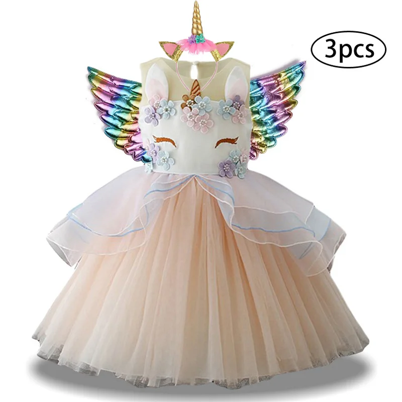 Rainbow Unicorn Dress For Girls Christmas Kids Costume Princess Dress 3Pcs Baby Girls Clothes Birthday Party Vestidos 2 6 10 Y