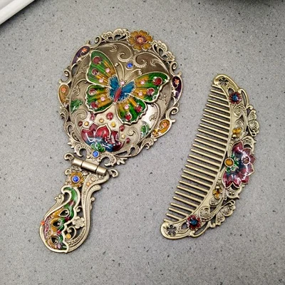 Металлическое ручное зеркало в стиле ретро складное для макияжа с розовой ручкой