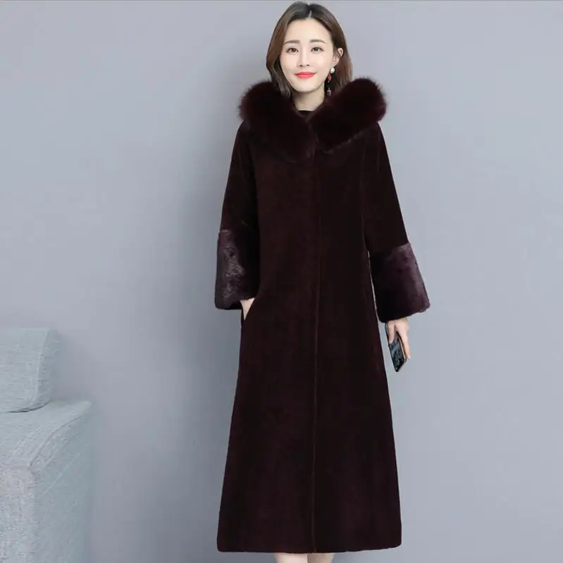 wine red Пальто из овечьей шерсти женские новые зимние меховые длинные тонкие пальто из искусственного меха женские зимние теплые плотные пальто до колена с капюшоном Верхняя одежда Топы - Цвет: wine red