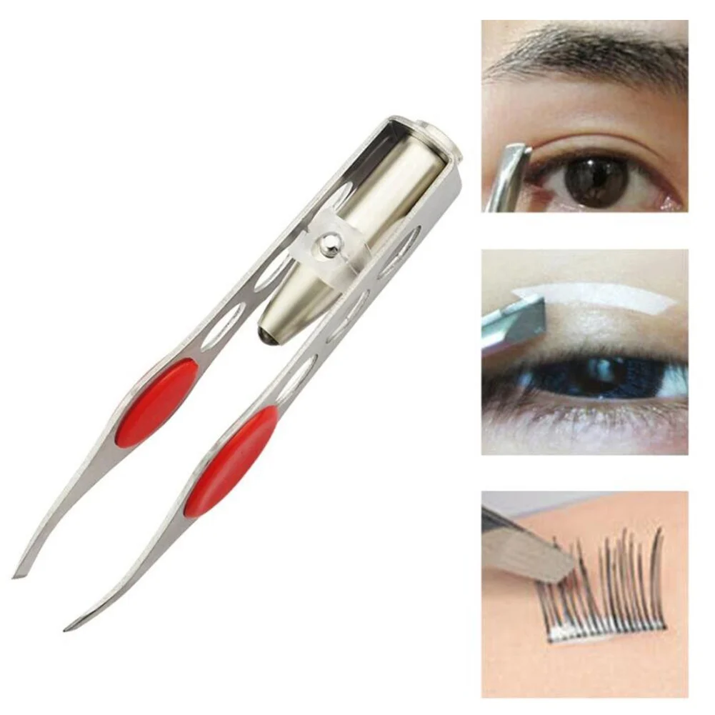 1pc Stainless Steel LED Tweezer Eyelash Eyebrow Eyes Hair Remover Tools 1pc eyebrow tweezer hair beauty slanted puller flower printed stainless steel eye brow clips hair removal makeup tools