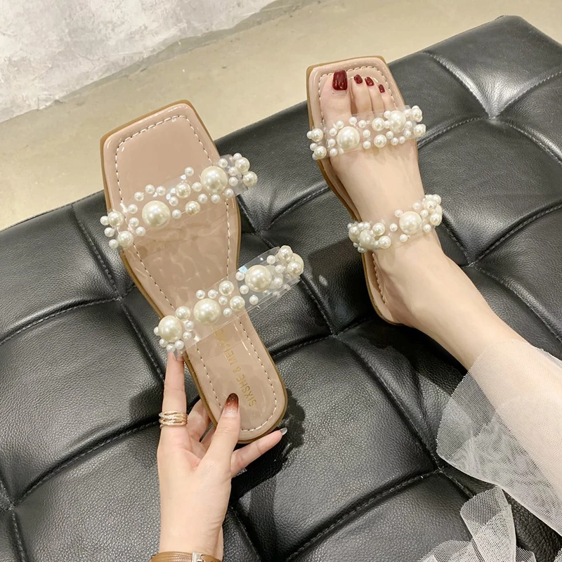 Rimocy Summer Women's Fashion Pearl Slippers Transparent PVC Flat Slides Ladies Casual Shoes Square Toe Beach Sandals 2020 | Обувь