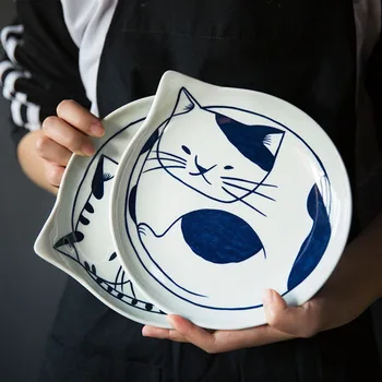 

Nordic Ceramic Food Dish Plate Household Pottery Cat Print Irregular Dish Salad Platter Dish Dinnerware