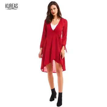 

Kureas Chiffon Dress Midi Women Sexy V Neck Elegant Cardigan Party Dresses Asymmertrical Drawstring Winter Autumn Red Dres