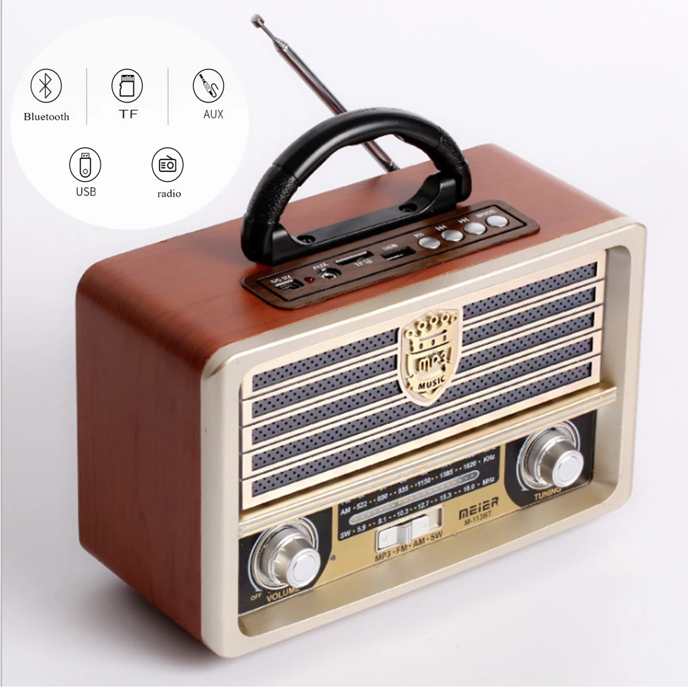 Цифровой fm-радио, многофункциональный MP3-плеер, деревянный радиоприемник с ручкой, Портативный ретро bluetooth-динамик с поддержкой TF карты/USB входа