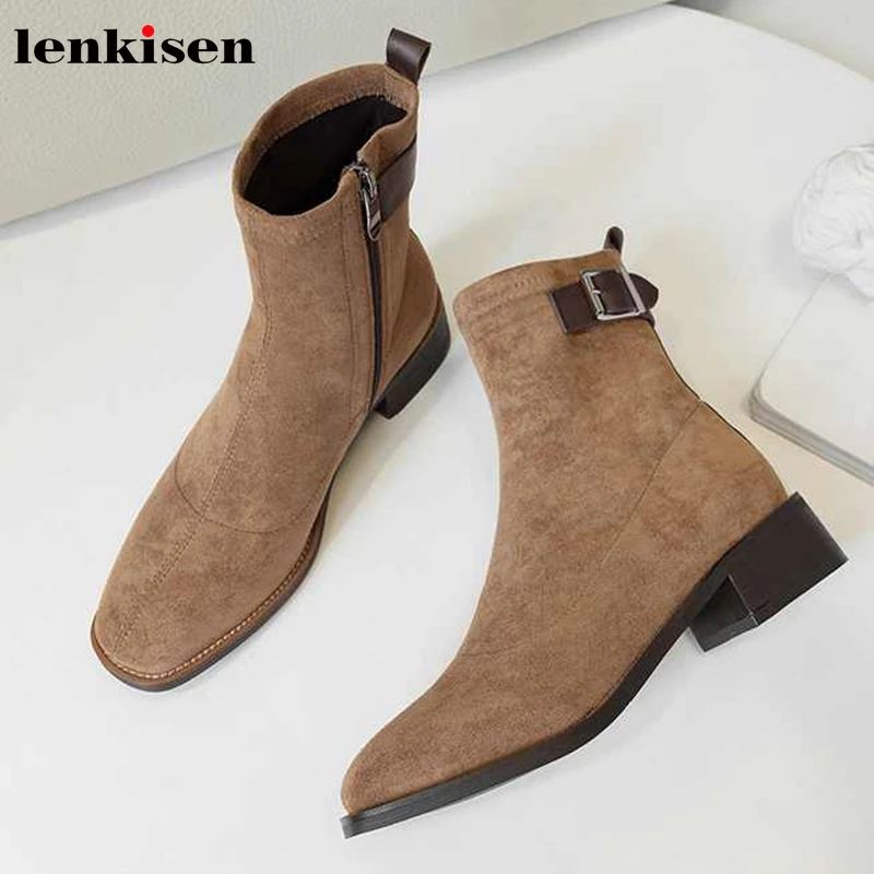 

Lenkisen winter basic breathable stretch flock boots belt buckle square toe med heels solid zip daily wear warm ankle boots L14