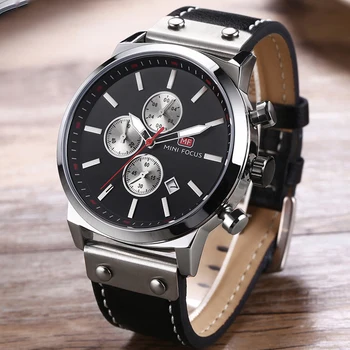 

MINI FOCUS Mens Watches Top Brand Waterproof Sport Wrist Watch Chronograph Quartz Military Genuine Leather Relogio Masculino
