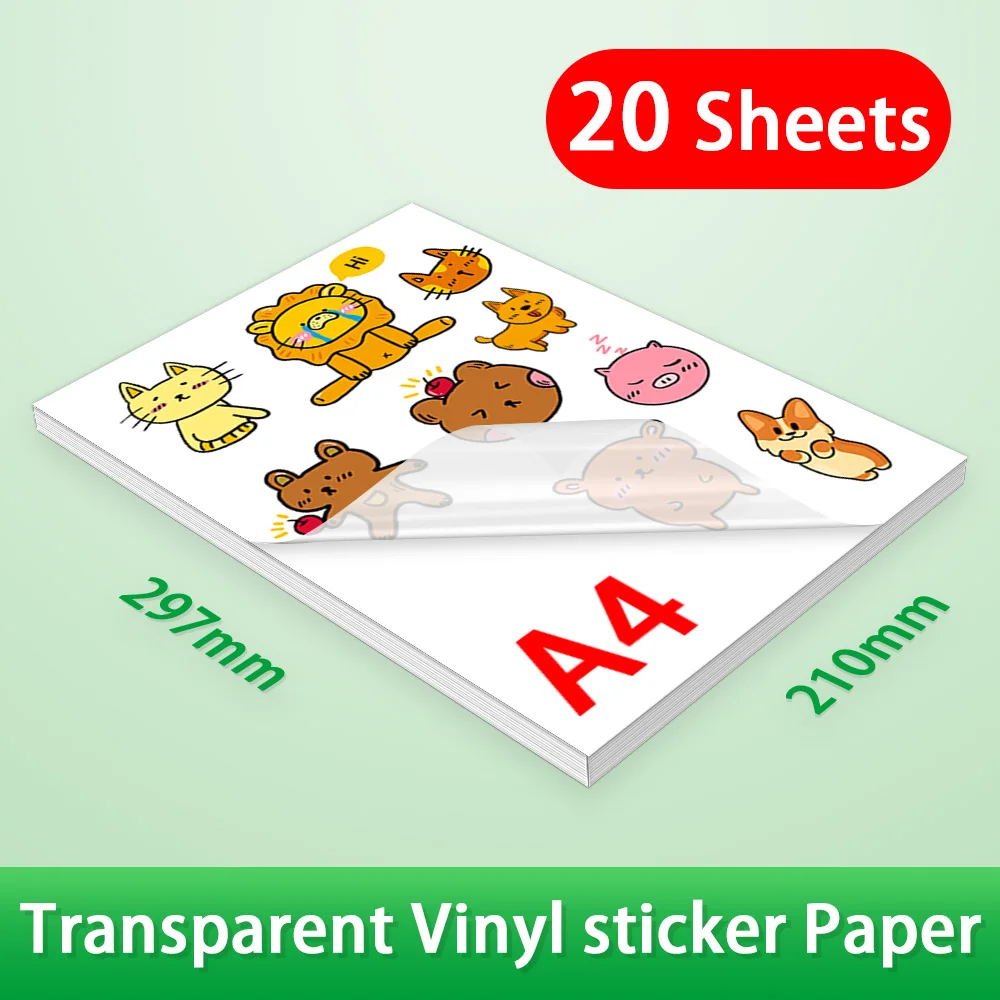 20 Sheets Transparent Self Adhesive Sticker Label A4 Printable Vinyl Paper for Inkjet Printer
