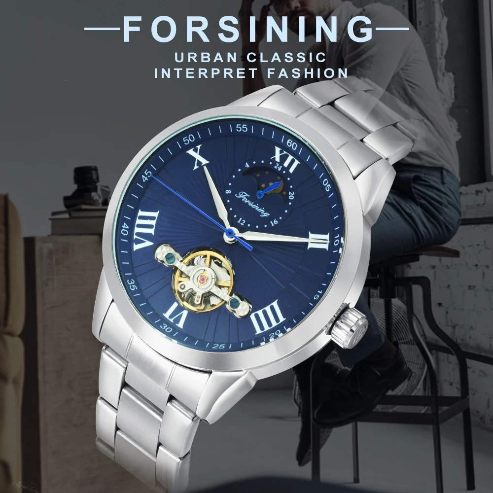 

FORSINING Tourbillon Automatic Watch Men Blue Dial Skeleton Mechanical Mens Watches Top Brand Luxury Steel Strap Business Clock