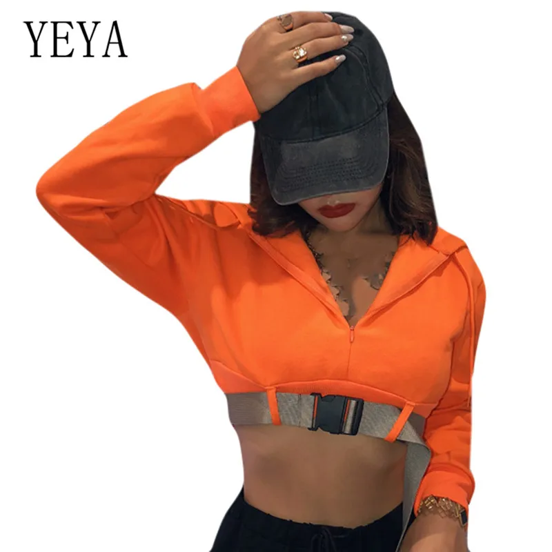 YEYA/Осенняя женская новая сумка с пряжкой, короткий топ с капюшоном на молнии, элегантная Оранжевая женская одежда с длинными рукавами на шнуровке, женская одежда