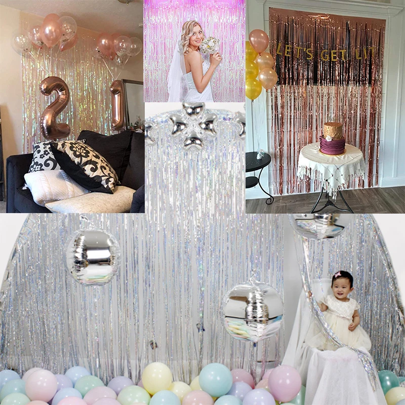 Description Picture 2 of item1M 2M 3M 4M Metallic Foil Fringe Shimmer Backdrop Wedding Party Wall Decoration Bachelorette Birthday Party Backdrop Background