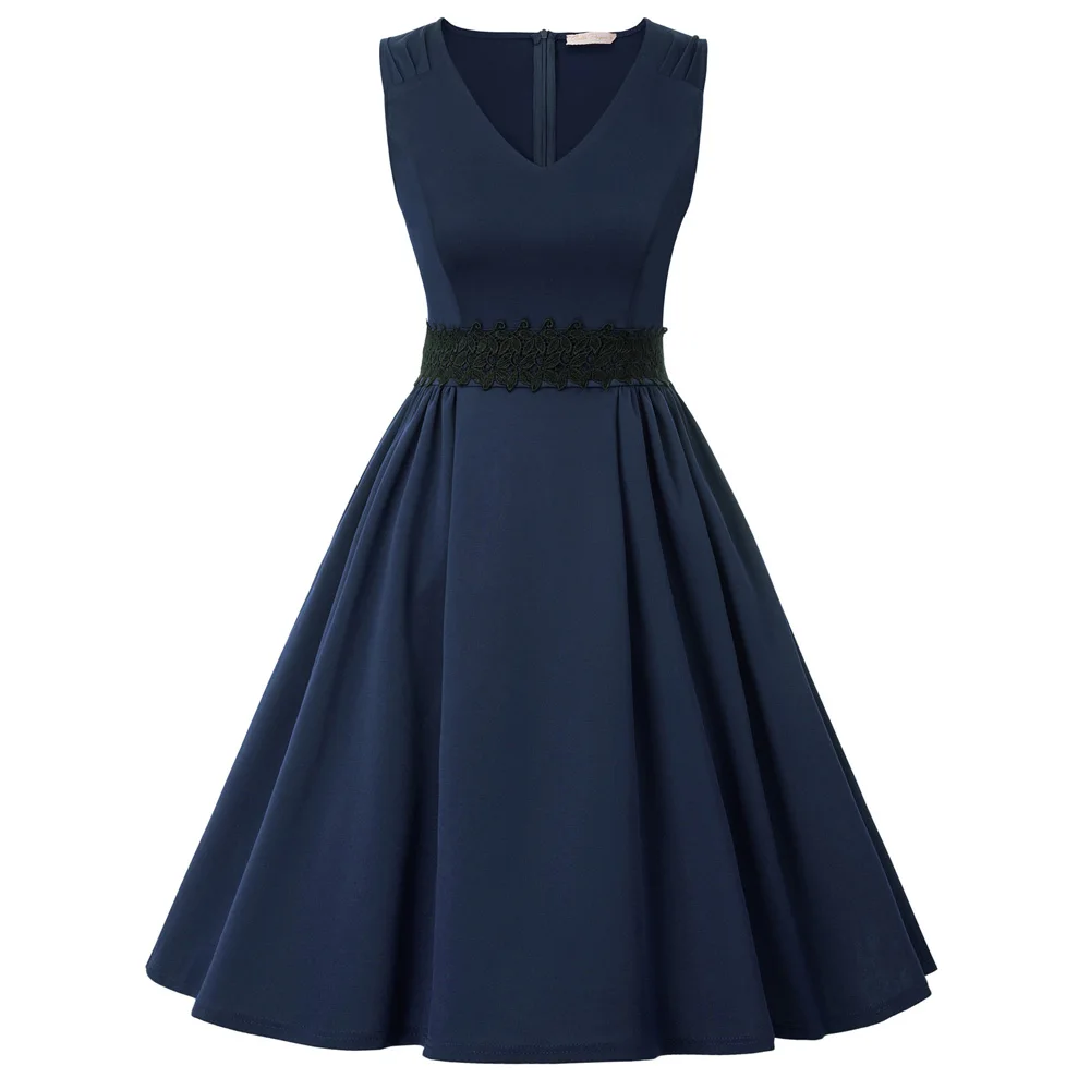 Belle poque, винтажное стильное платье до колена, на молнии, модное, без рукавов, элегантное, ТРАПЕЦИЕВИДНОЕ, с поясом, вечерние, короткое платье - Цвет: Navy Blue