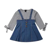 Модное джинсовое платье для маленьких девочек детский праздничный свадебный наряд клетчатые платья-пачки с длинными рукавами на подтяжках детская одежда 2-7T