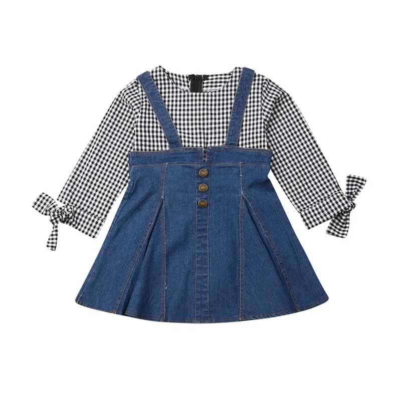 Fashionable Toddler Girls Denim Dress Kids Party Wedding Outfit Plaid Long Sleeve Suspender Tutu Dresses Children Clothes 2-7T | Детская