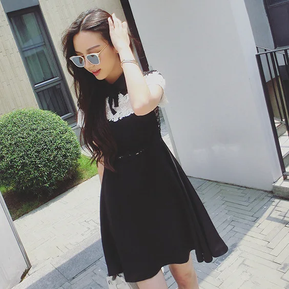 

Spring And Summer New Style Short-sleeve Dress Women's Debutante Elegant Black Dress Bow Short Skirt Hepburn Wind Skirt 8307