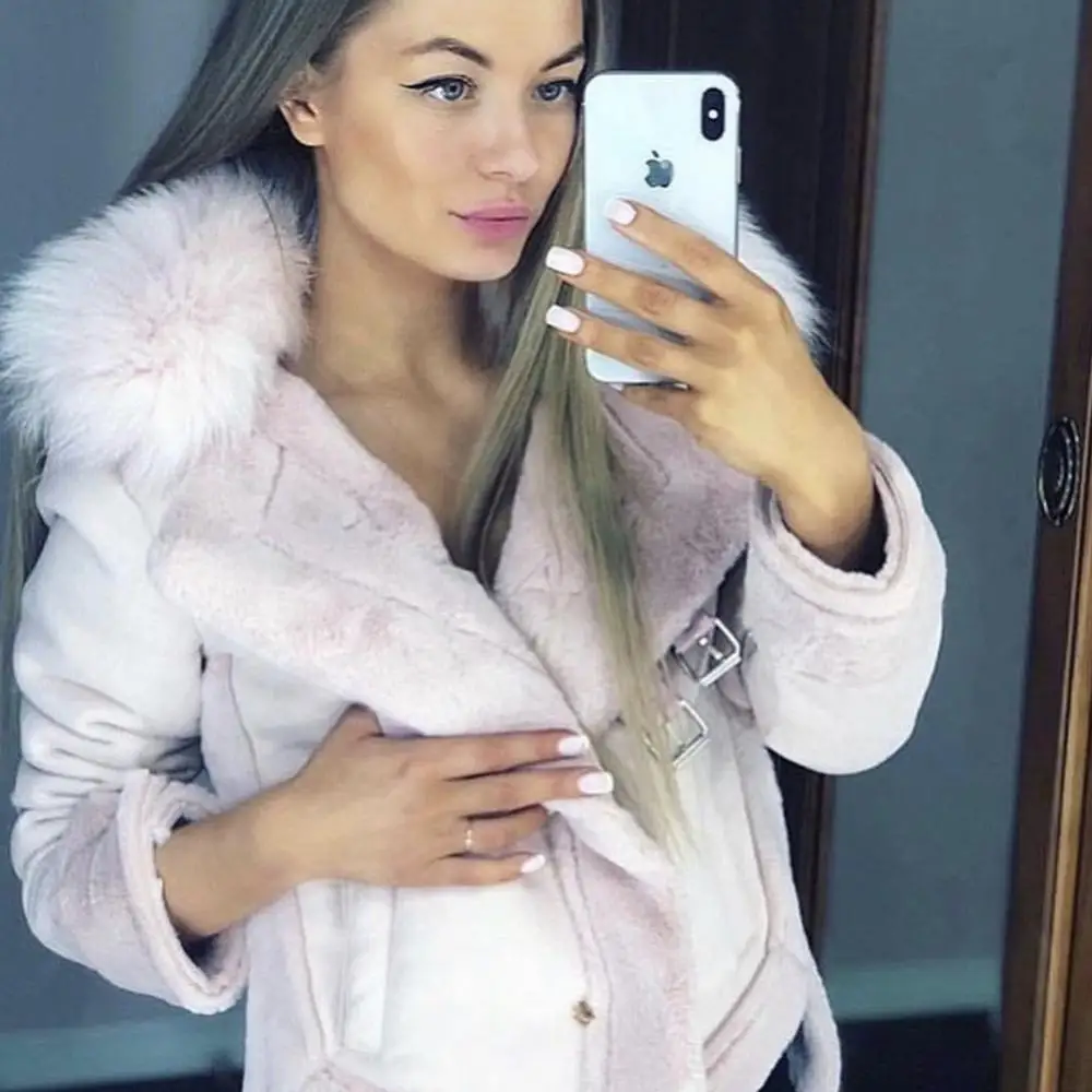 

Winter Thick Women Faux Fur Leather Suede Coats Jacket Warm Fur Collar Women 2019 Fashion Short Lamb Wool Motorcycle Coat WJ109