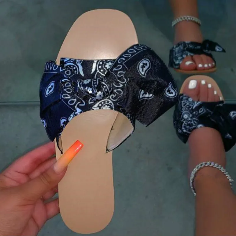 

2020 New Women Totem Printed Blue Bow Single-layer Canvas Outdoor Casual Sandals All-match Beach Flat Non-slip Slippers