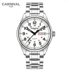 CARNIVAL Luxury Brand Watch for Men Luminous Hands Waterproof Solid Stainess Steel Quartz Wristwatches Men's Clock Reloj Hombre