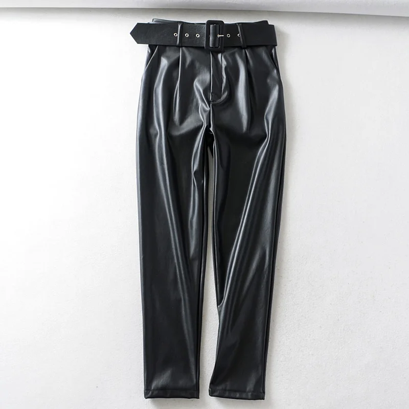 Женские брюки с поясом на талии модные повседневные брюки из искусственной кожи Элегантные женские длинные брюки-карандаш женские широкие брюки