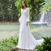 

Famous Design Vintage Long Puff Sleeves Wedding Dress Lace And Chiffon A Line Bride Gowns Backless Sexy Boho Bridal Dress 2021