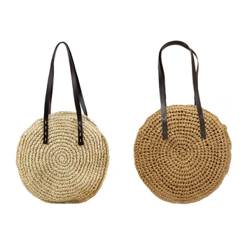 

2x Handmade Round Shoulder Bag for Women Female Handbag Summer Bohemian Beach Bags Hand-Woven Circular Travel Tote(Khaki&Beige)