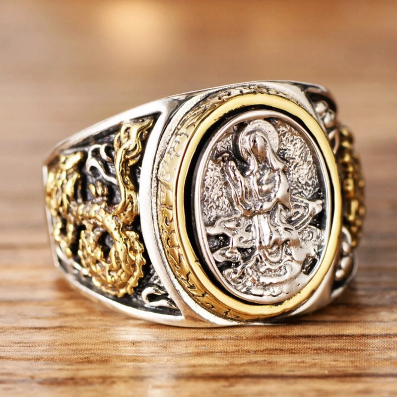 2021 Trend new S925 Pure Silver Jewelry Vintage Man Ring Golden Dragon Lotus Avalokitesv index finger