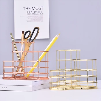 

Nordic Golden Storage Jar Hexagonal Combination Pen Holder Office Desktop Metal Organizer Basket Kitchen Tableware Finishing Can