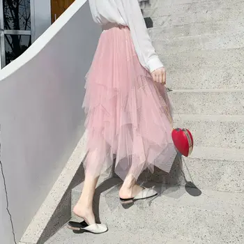 

2019 Women Ladies Fashion Summer Irregular Tulle Skirt Party Ruffle Solid 5 Colors