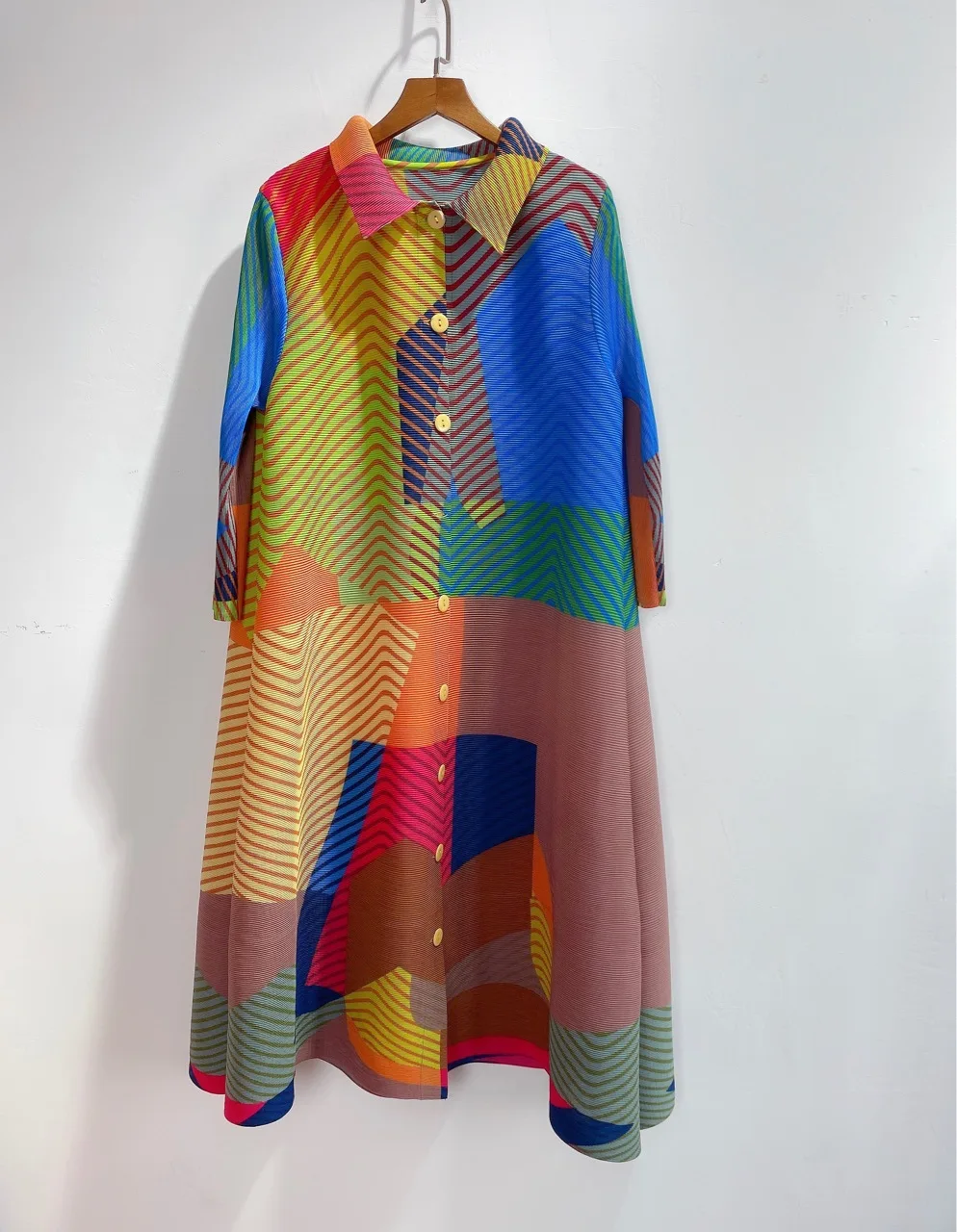 

Plus Size Dress For Women 45-75kg Spring Autumn 2020 Miyake Pleated Print Turn Down Collar Single Breasted Loose A-Line Dresses