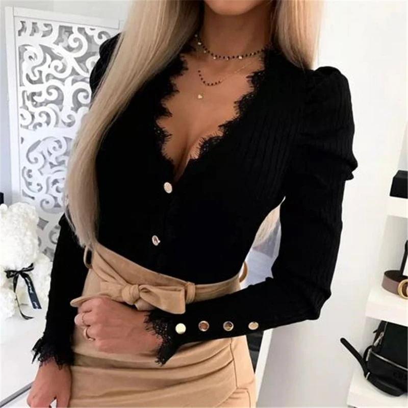 Женская блузка повседневная кружевная длинный рукав глубокий v образный вырез