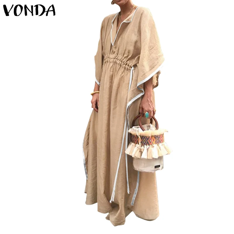 VONDA, повседневное однотонное платье с рукавами, 5XL, пляжный сарафан, свободный, для беременных, Vestidos, весна-лето, Robe Femme, Платья для вечеринок, 5XL - Color: Khaki