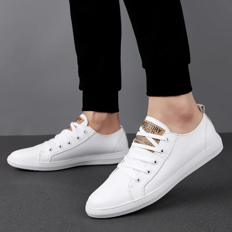 Genuine Leather Shoes Men Sneakers Trainers Lace-up Flat Fashion White | Обувь