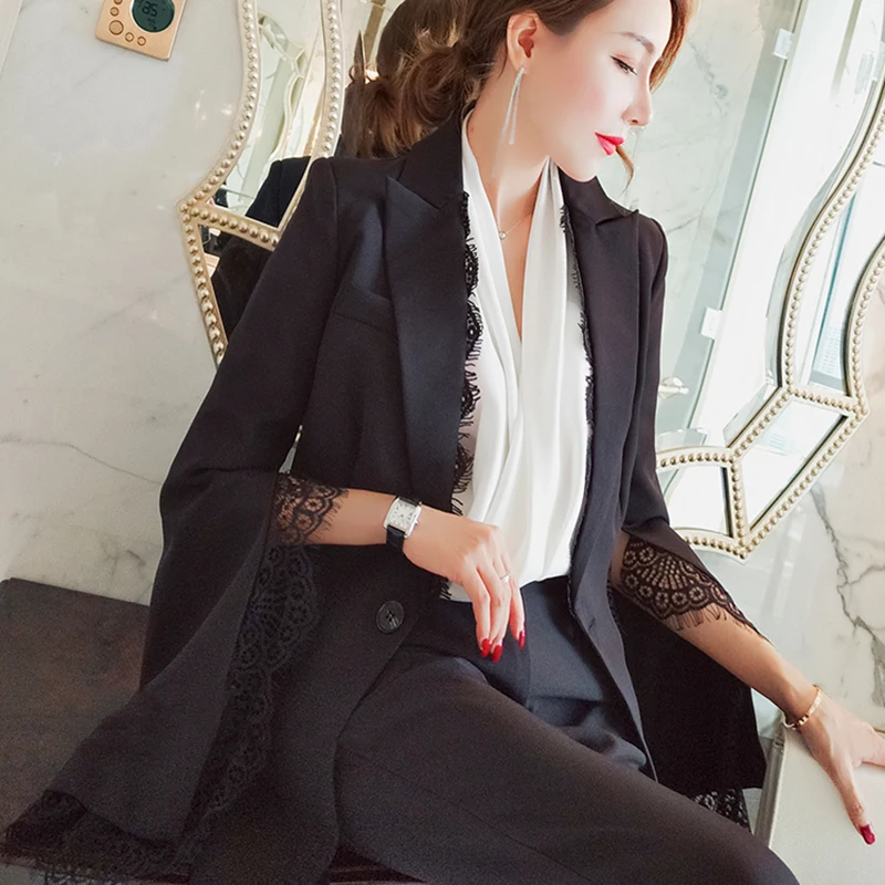 TWOTWINSTYLE элегантный корейский комплект из двух предметов для женщин лоскутный кружевной Блейзер брюки с высокой талией женский костюм осень мода