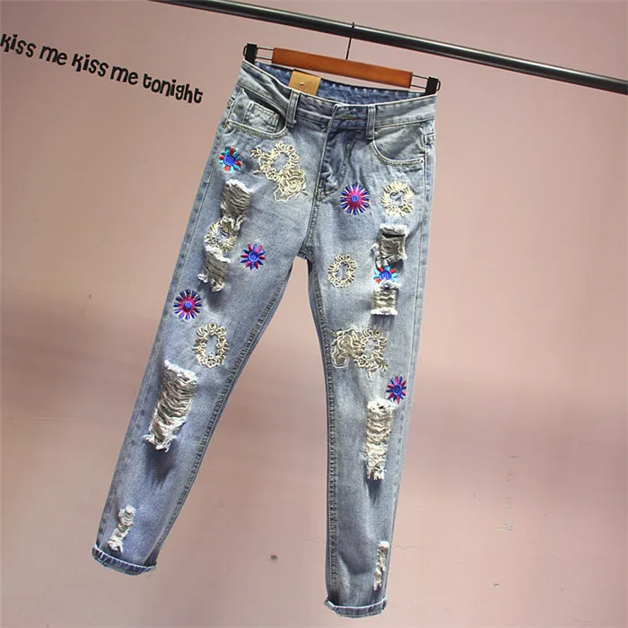 Женские джинсы, весна, свободные, с дырками, с вышивкой, синие, джинсы, женские, высокая талия, повседневные, узкие брюки
