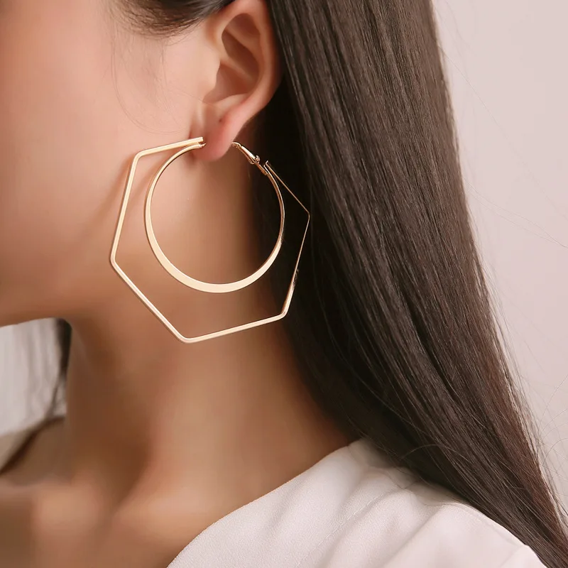 Big Hexagon Hoop Earrings for Women Exaggerated Hollow Geometric Statement Earrings Gold Color Metal Hoop Earrings pendientes