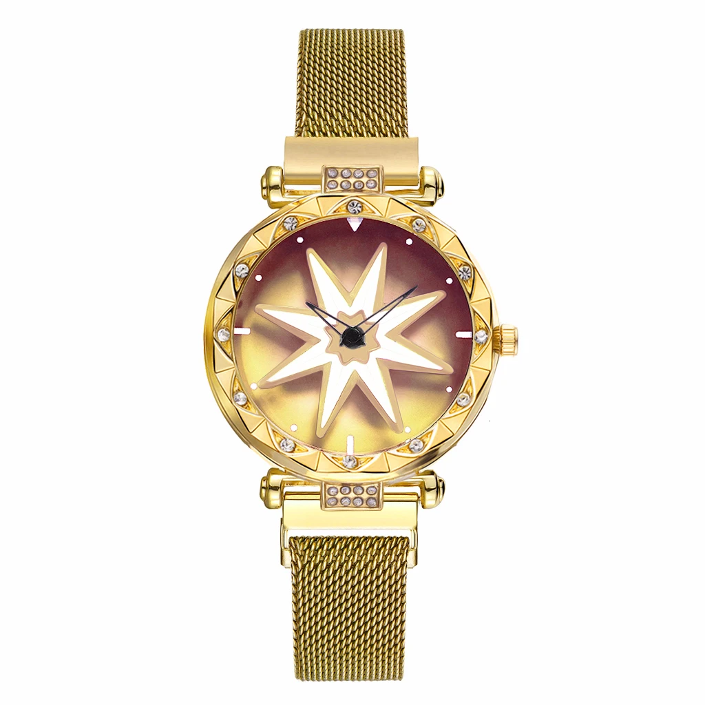Женские часы с магнитной пряжкой и вращающимся цветком, роскошные женские кварцевые часы из нержавеющей стали, часы Relogio Feminino - Цвет: gold