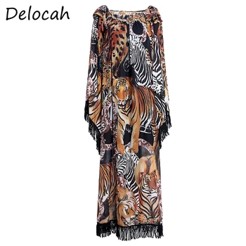 

Delocah Summer Fashion Designer Long Dress Plus Size Women Batwing Sleeve Tassel Animal Printed Holiday Loose Maxi Dresses