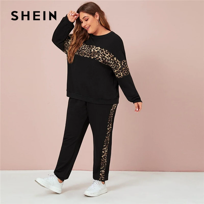 SHEIN Plus Size Black Leopard Panel Sweatshirt and Joggers Set Women Autumn Casual Sporting Colorblock Two Piece Sets SHEIN Plus Size Black Leopard Panel Sweatshirt and Joggers Set Women Autumn Casual Sporting Colorblock Two Piece Sets