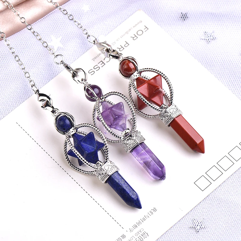 1PC Natural Crystal Small Merkaba Pendulum Pendants Star Class Hexagon Pillar Scepter Reiki Healing Stone Men Women Jewelry Gift 4