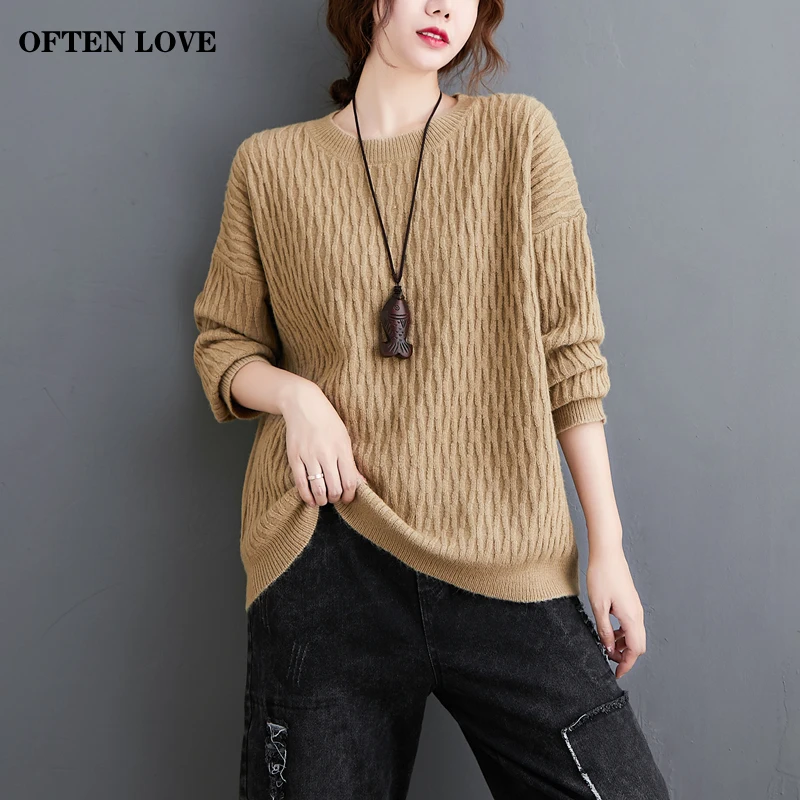

OFTEN LOVE Brief Simple Argyle Pullovers Female Autumn Long Sleeves Casual Khaki Bottoming Sweater Knitting Tops Sueter Mujer Pu