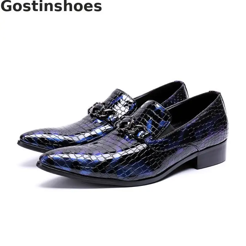 

Fashion Army Blue Snakeskin Printed Genuine Leather Men Oxfords Shoes Pointed Toe Set Foot Slip-on Men Casual Leisure Shoes Men