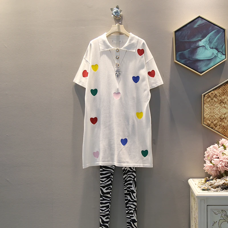 

[EWQ] 2019 Summer New Pattern Office Lady Style Short Sleeve Sweet Colorful Love Print Knee Length Lapel Collar Dress AF947
