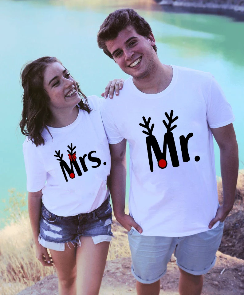 Новогодние майки Mr and Mrs, модные повседневные рождественские футболки Mr and Mrs, Одежда Harajuku, топ, футболка, уличная одежда, парные футболки