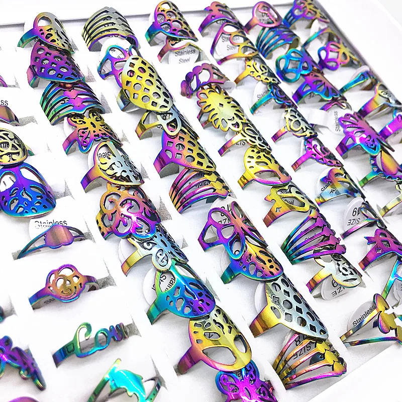 multicolor MixMax 50 шт./лот, смешанные стили, панк, лазерная резка, дизайн, кольца из нержавеющей стали для мужчин и женщин,, лот, серебро, золото, черный, многоцветный - Цвет основного камня: multicolor