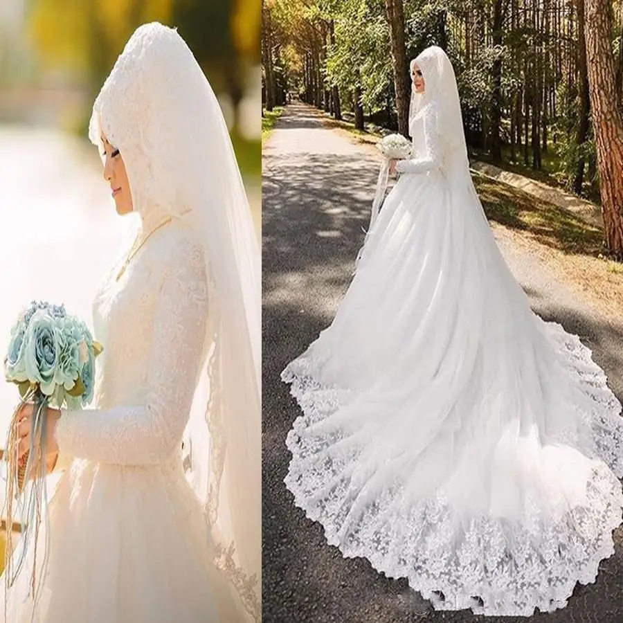 Vestido De Noiva Arabic Muslim Wedding Dresses Luxury Long Sleeve Wedding Dress With Hijab Veil 2018 Lace Bride Bridal Gown