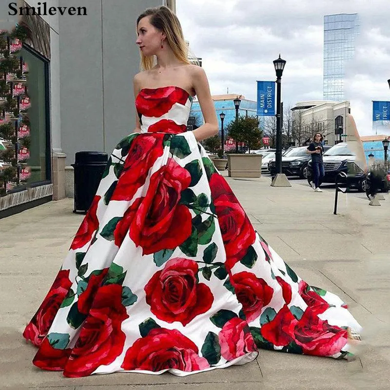 

Smileven printing Prom Dress A Line Rose Flowers Formal Evening Dress Strapless Arabic Robe De Soiree Backless Evening Gowns