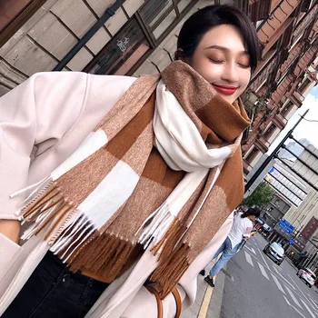 

New style Chinese quality silk autumn and winter women fashion wool thickening shawl lady checked beautiful Print cashmere scarf
